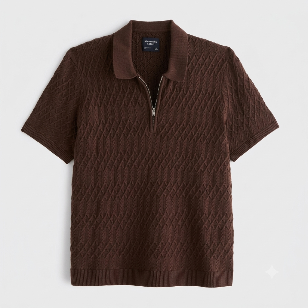 Men's Brown Cable-Knit Quarter-Zip Polo Sweater